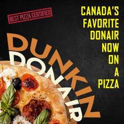 A close-up of a pizza with toppings, Dunkin Donair logo in bold, and text saying 'Canada’s Favorite Donair, Now on a Pizza' in yellow